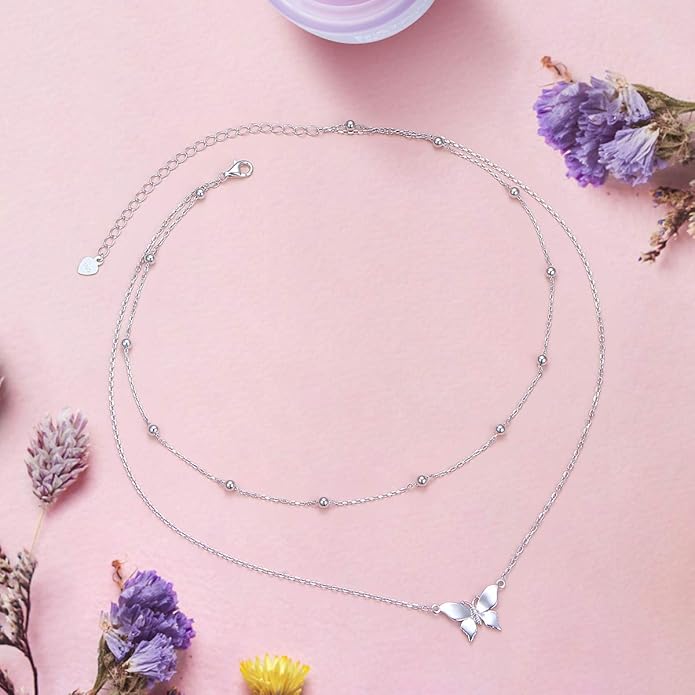 FLYOW S925 Sterling Silver Dainty Butterfly/Moonstone/Turquoise/Agate/Circle Choker Necklace Short Dainty Layered Pendant Necklace Jewelry for Women Girls