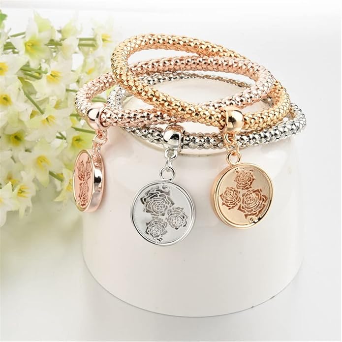 Crystal Charms Multilayer Bracelets - 3PCS Gold/Silver/Rose Gold Corn Chain Bracelet for Women, Tree of Life Heart Shaped Stretch Bracelet