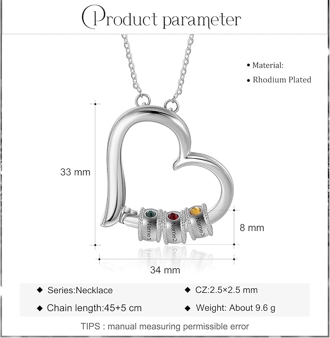 Personalized Women's Pendant Necklace 925 Sterling Silver with 1-5 Simulated Birthstone Names Customized Heart Shape Cubic Zirconia Necklace