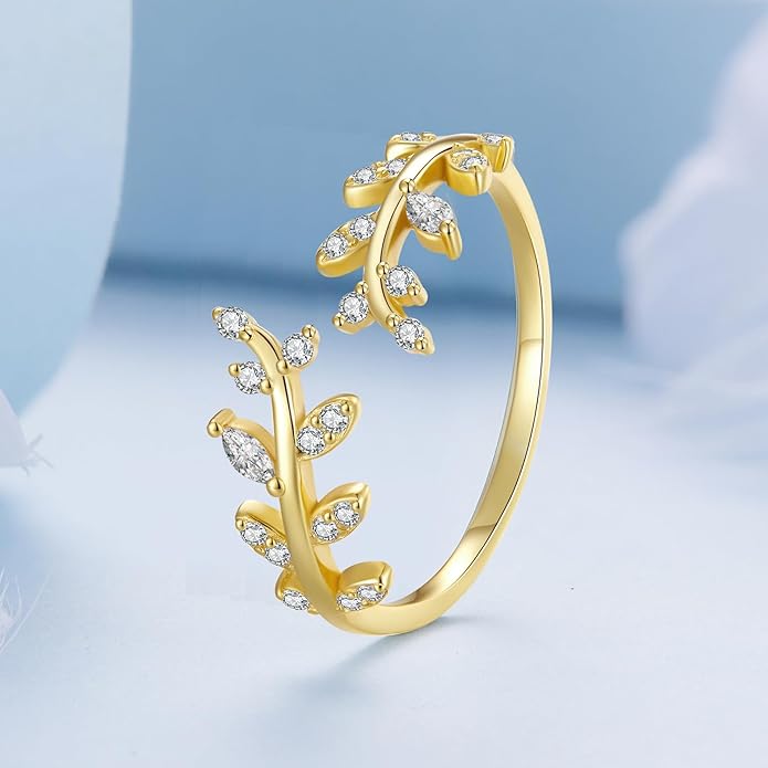 MUNDELL 925 Sterling Silver Simple Multi-layer Leaf Adjustable Ring Green Lucky Leaves Statement Ring for Women Promise Ring Fine Jewelry