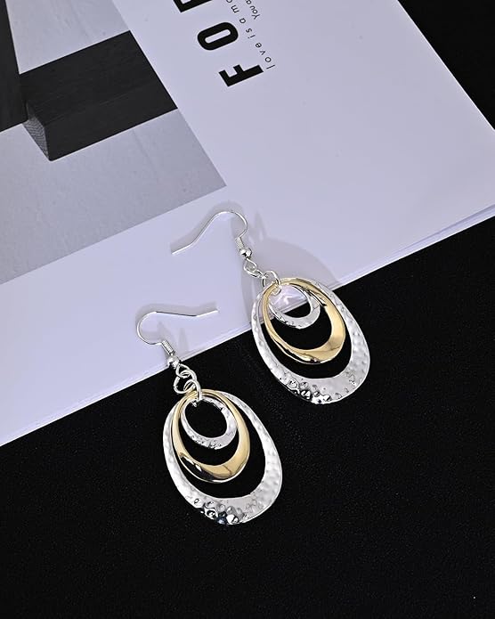 Boho Three Oval Drop Dangle Earrings Silver Earrings for Women Trendy Two Tone Bohemian Jewelry for Thanksgiving and Christmas Gifts