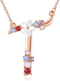 Flower Initial Letter Necklace Pink Red Blue Simulated Pearl Pendant Name Jewelry Made with Austrian Crystals Rose Gold Plated Anniversary Birthday Gifts for Women,18"+2"