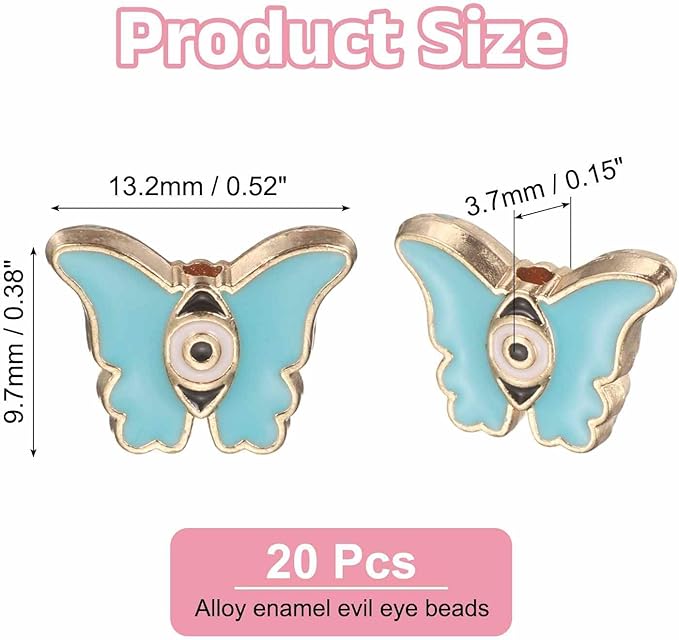 MECCANIXITY 20 Pcs Butterfly Evil Eye Beads Colorful Flat Loose Spacer Evil Eye Charms for DIY Bracelet Earrings Necklace Crafts Jewelry Making, Sky Blue