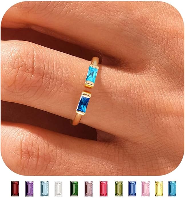 WFYOU Gold Birthstone Rings for Women - Non Tarnish Dainty 14K Gold Plated Stackable CZ Rings for Her & Couples - Personalized Jewelry Gift for Birthday