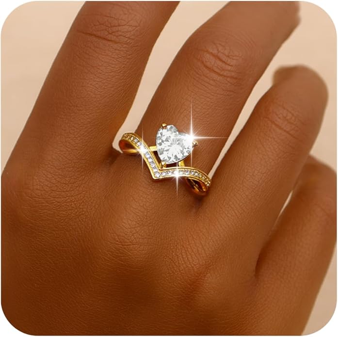 Jean Beau Gold Heart Adjustable Rings for Women, Trendy Elegant Sparkly Cubic Zirconia Ring Wedding Prom Valentine Fashion Accessories Jewelry Gift