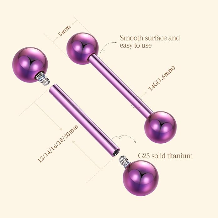 AROWRO Nipple Piercing Jewelry G23 Titanium Nipple Rings Tongue Rings Nipple Bar 14G Internally Threaded Straight Barbells Bridge Piercing Jewelry 12mm-20mm