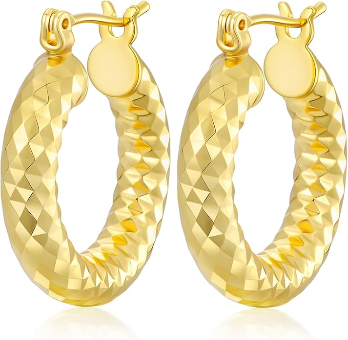 Gold Plated Hoop Earrings for Women 14K Gold Plated Earrings for Women Hypoallergenic Lightweight Wrinkle Texture Earrings Womens 20mm/25mm/30mm