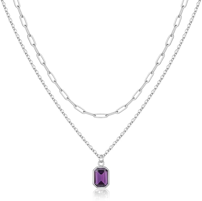 Layered Birthstone Necklace for Women Girls, 14K Gold-Plated Paperclip Chain Choker Necklace with Rectangle Birthstone Pendant Birthday Gifts for Women Girls Dainty Small
