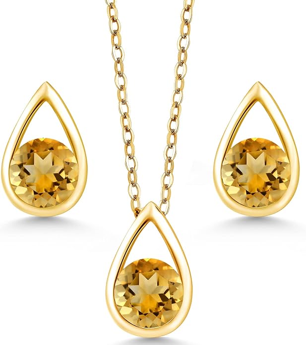 Gem Stone King 18K Yellow Gold Plated Silver 5MM Round Gemstone Birthstone Teardrop Pendant Earrings Set | Jewelry Set for Women | With 18 Inch Chain