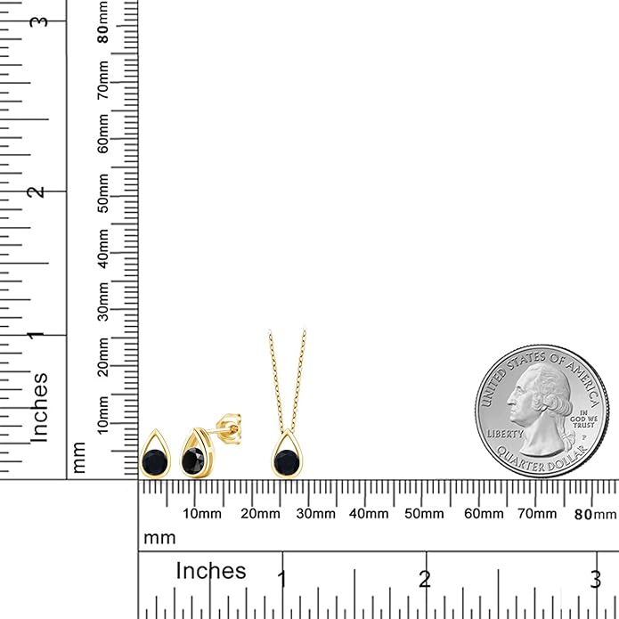 Gem Stone King 18K Yellow Gold Plated Silver 5MM Round Gemstone Birthstone Teardrop Pendant Earrings Set | Jewelry Set for Women | With 18 Inch Chain