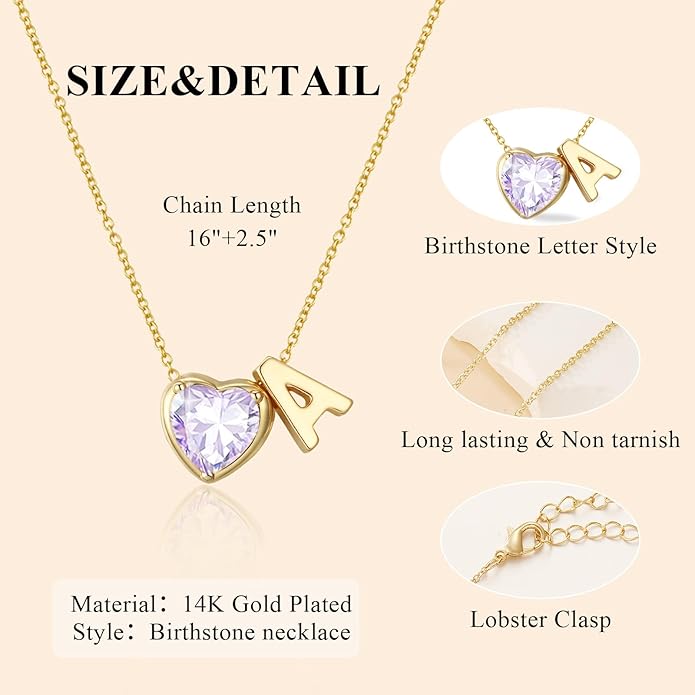 Valentines Day Gifts for Her- Heart Birthstone Initial Necklace for Women Girls,14K Gold Plated Heart Letter A-Z Necklace Birthday Trendy Jewelry Gifts for Women Girls Daughter