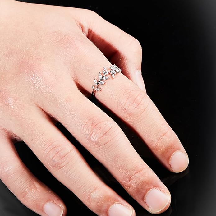 Adjustable S925 Sterling Silver Ring for Women,Branch Leaves Band Stacking Finger Ring,Paved Cubic Zirconia Stone Stackable Open Ring