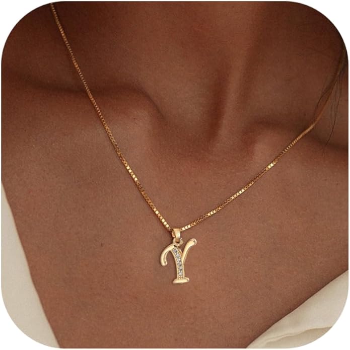 Initial Necklace for Women, 14K Gold Plated Box Chain Letter Pendant, Trendy Name Necklace, Dainty Personalized Jewelry Valentines Day Gift for Her