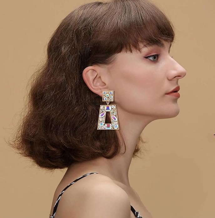 Rhinestone Rectangle Statement Earrings Colorful Crystal Geometric Drop Dangle Earrings for Women Prom Party
