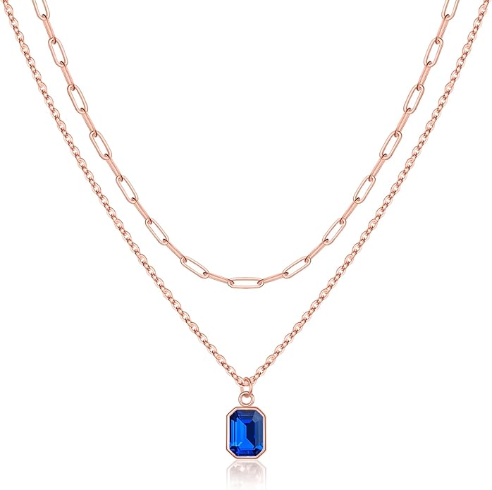 Layered Birthstone Necklace for Women Girls, 14K Gold-Plated Paperclip Chain Choker Necklace with Rectangle Birthstone Pendant Birthday Gifts for Women Girls Dainty Small