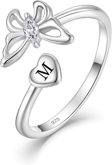 STARCHENIE Butterfly Initial Ring for Women 925 Sterling Silver Letters A-Z 26 Alphabet Adjustable Ring Size 7