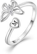 STARCHENIE Butterfly Initial Ring for Women 925 Sterling Silver Letters A-Z 26 Alphabet Adjustable Ring Size 7