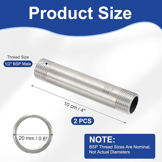 PATIKIL 304 Stainless Steel Pipe Fitting, 2 Pack 1/2" BSP Male x 1/2" BSP Male - Image 2