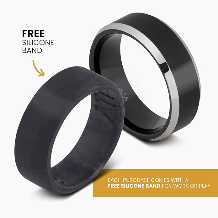 Manly Bands: Mens Black Plated Tungsten and Black Zirconium Wedding Bands and Rings - Comfort Fit and Stylish Black Rings for Men, Free Silicone Ring Included