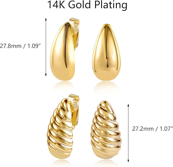 Teardrop Clip On Earrings Dupes Earring for Women Chunky Hoop Earrings Hypoallergenic Lightweight Dangle Water Drop Earring Set for Women