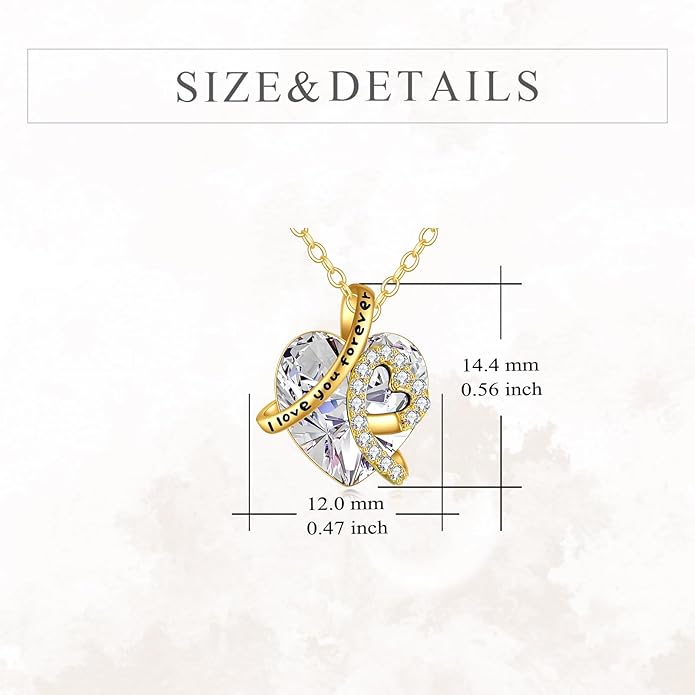 KECHO 14K Real Gold I Love You Forever Necklace Solid Yellow Gold Heart Birthstone Crystal Pendant Jewelry Birthday Mother's Day Anniversary Christmas Gifts for Women
