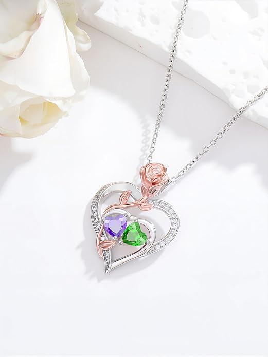 Rose Flower Heart Pendant for Women Birthday Gifts 18k Gold Plated Mother Daughter Necklace with 12 Months Birthstone Christmas Valentines Day Gifts for Her Mom Anniversarry Jewelry for Mom Wife Girlfriend