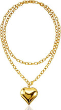 16k Gold Plated Chunky Statement Necklace for Women, Bold Thick Layered Puffy Heart Design, Long Gold Jewelry, Trendy Women's Fashion Necklace
