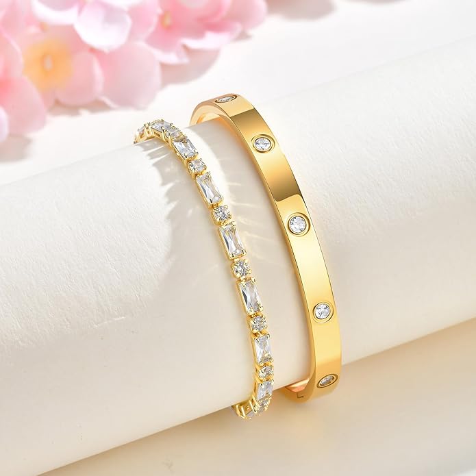 Stackable Gold Bracelets for Women - 2Pcs 18K Gold Plated Cubic Zirconia Bangle Bracelet Friendship Tennis Bracelet Stack Jewelry,Party Christmas Birthday Gifts for Her Girlfriend Sister Wife Daughter