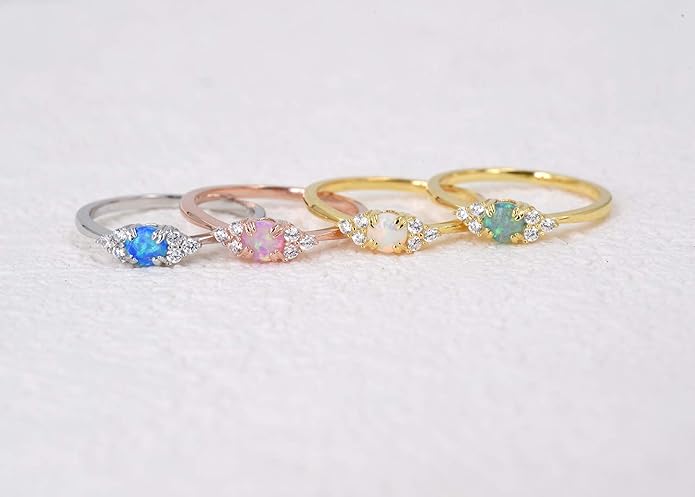 espere Sterling Silver Halo Opal Stacking Ring Simple Dainty Gold Ring Opal Ring Birthstone Ring 4-10