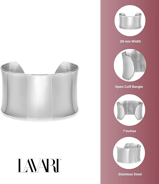 Lavari Jewelers 7 Inches Long Wide Open Cuff Bangle Bracelet for Women I 2.5 Inches in Diameter and 1.5 Inches in Height I Ion Plated Stainless Steel or Satin Finish Bangle for Her I Wide Bracelet