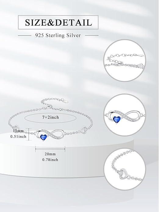 Dorunmo Infinity Heart Anklet Bracelet for Women 925 Sterling Silver Adjustable Infinity Birthstone Bracelet Friendship Jewelry Gifts for Women Birthday Christmas