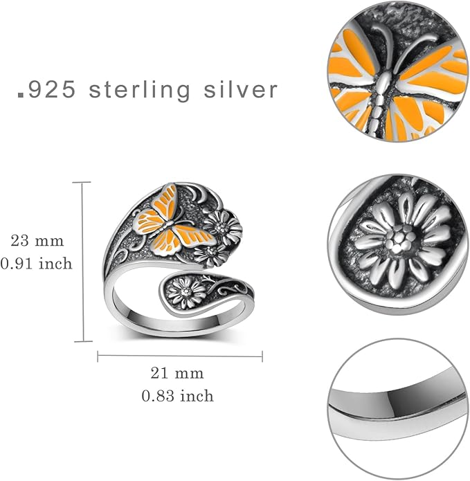 Spoon Rings for Women 925 Sterling Silver Hummingbird/Butterfly/Bee/Red Cardinal/Pink Flamingo Adjustable Thumb Rings Vintage Boho Antique Jewelry Gifts