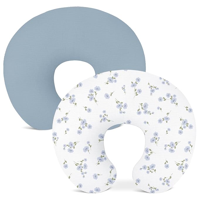 Nursing Pillow Covers 2 Pack, Muslin Nursing Cover for Breastfeeding Pillows, Comfortable for Baby Girls and Boys (Flower I & Light Blue)