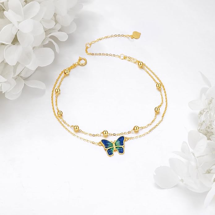 KECHO 14k Yellow Gold Butterfly/Dragonfly/Frog/Sunflower/Daisy/Tree of life/Moon/Clover Bracelet Anklet for Women