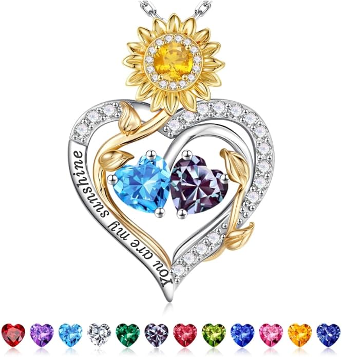 Iefil Valentines Day Gifts for Her - 925 Sterling Silver Sunflower Double Birthstone Necklace for Women, Anniversary Birthday Gifts for Wife, You Are My Sunshine Necklaces, Jewelry for Wife Mom