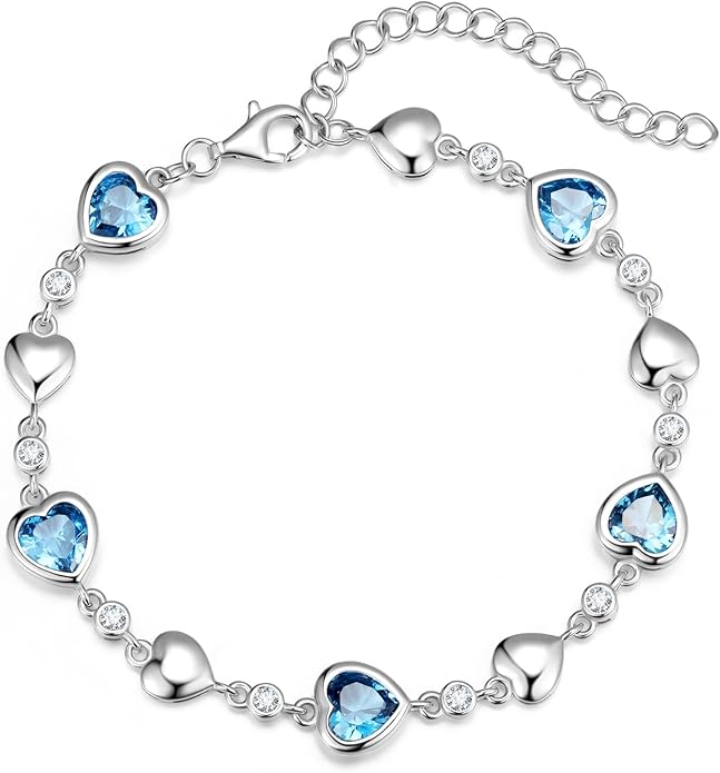 Carleen Birthstone Bracelets for Women 925 Sterling Silver Five Heart Station Created Gemstone Tennis Bracelet Jewelry Anniversary Birthday for Wife, 7"+1.2" Extender