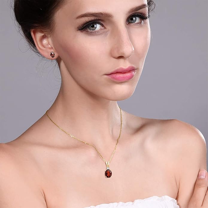 Gem Stone King 3.29 Cttw Oval Red Garnet 18K Yellow Gold Plated Silver Pendant Earrings Set For Women | Gemstone Birthstone | Oval 8X6MM and 7X5MM | With 18 Inch Chain