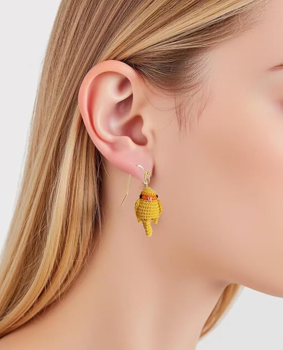 Hand-crocheted yellow and blue parrot earrings, miniature crocheted artistic cute playful parrot gifts accessories