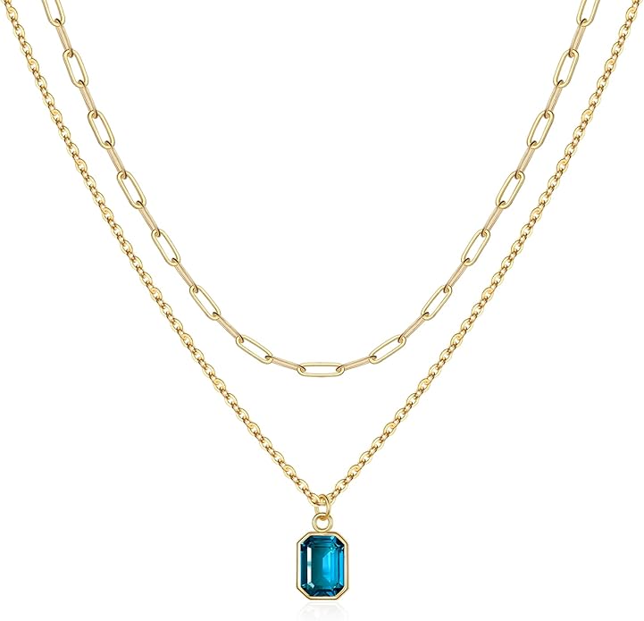 Layered Birthstone Necklace for Women Girls, 14K Gold-Plated Paperclip Chain Choker Necklace with Rectangle Birthstone Pendant Birthday Gifts for Women Girls Dainty Small