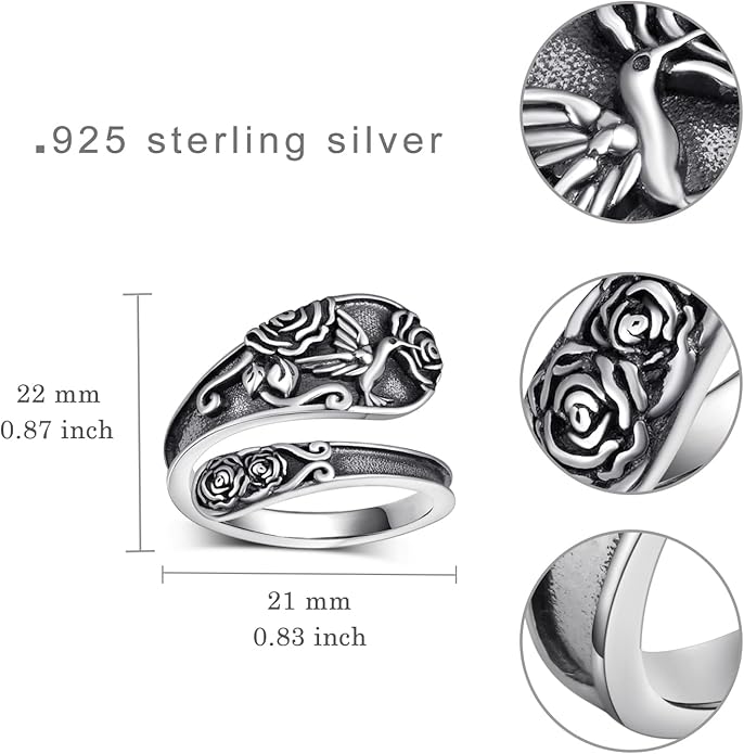 Hummingbird Spoon Ring 925 Sterling Silver Hummingbird Adjustable Thumb Rings for Women Humming bird Gift Ideas for Mom Wife