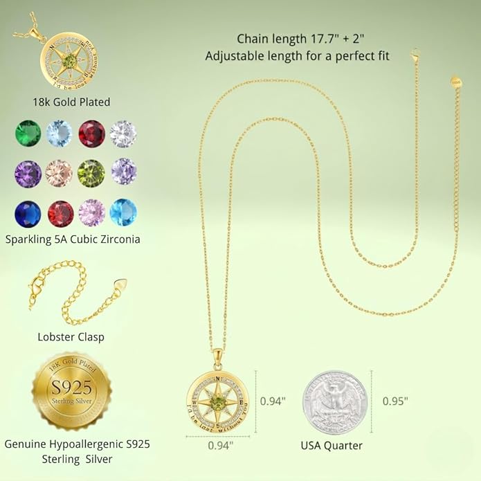 Compass Necklace for Women Wife Girlfriend Mom Daughter Gifts S925 Sterling Silver Jewelry For Anniversary Rose Gold Gifts For Birthday Christmas Mothers Valentines Day 12 Birthstones