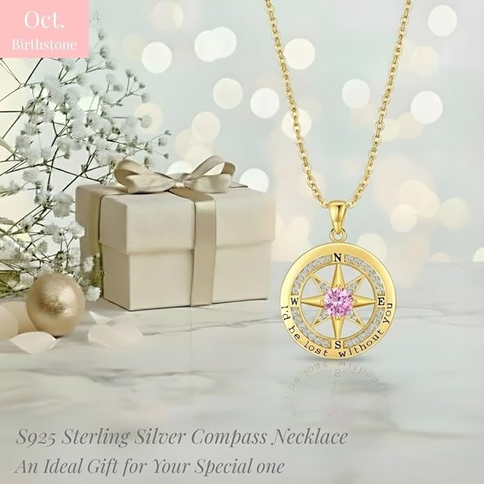 Compass Necklace for Women Wife Girlfriend Mom Daughter Gifts S925 Sterling Silver Jewelry For Anniversary Rose Gold Gifts For Birthday Christmas Mothers Valentines Day 12 Birthstones