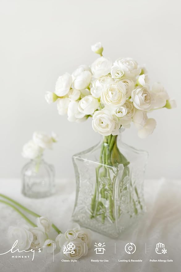Ling's moment Fake Flowers Artificial Flower Faux Silk Ranunculus Ivory | Silk - Image 2