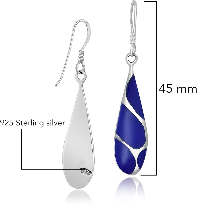 AeraVida Vintage Streaked Teardrop Simulated Blue Lapis Lazuli .925 Sterling Silver Dangle Earrings | Shiny Fish Hook Earrings | 9x45mm Lightweight Gift Jewelry for Women