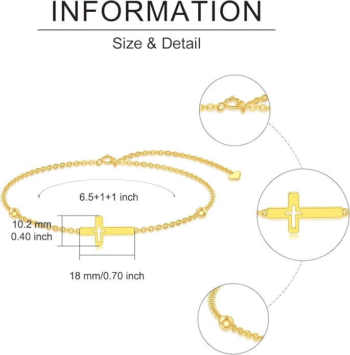Solid 14K Gold Cross/Heart Anklet for Women, Real Gold Cross Bracelet Adjustable Beach Foot Ankle Bracelet Religious Fine Jewelry Gifts for Her Wife Mom Nana