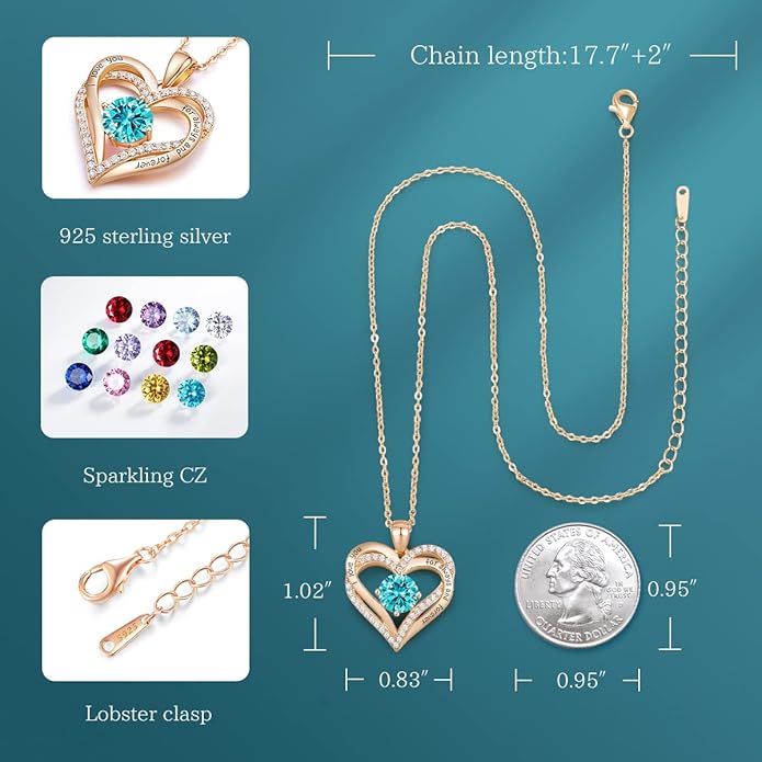 CDE Valentine's Day Gift Forever Love Heart Necklaces for Women, Wedding Anniversary, Birthday Mothers Christmas Day Gifts for Mom, Mother, Wife, S925 Silver Jewelry with Birthstone Pendant