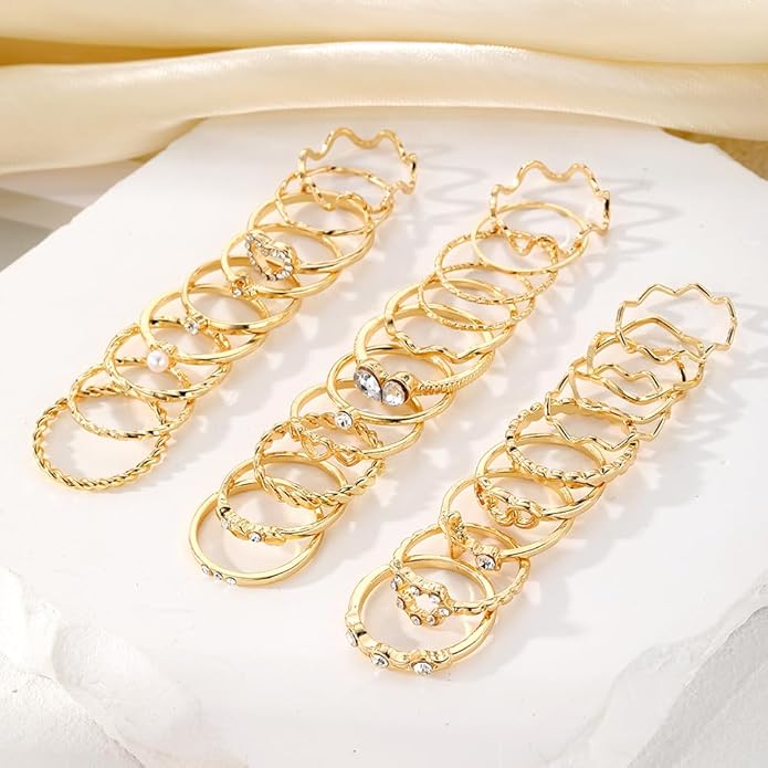 19-36 Pcs Gold Boho Knuckle Rings Set for Women, Vintage Stackable Dainty Joint Finger Gold Jewelry Set with Love Pearl and Sparkling Crystals