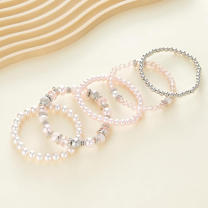 Noessla Beaded Pearl Stretch Bracelet Silver Stackable Crystal Beads Bracelets Trendy Costume Jewelry Mothers Day Gifts for Women