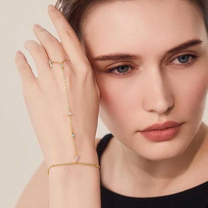 Cicy Bell Hand Chain 18k Gold Plated Bracelet for Women Trendy Teardrop Cubic Zirconia Adjustable Finger Ring Slave Dainty Bracelets Jewelry Gifts