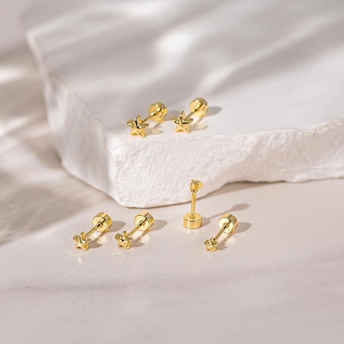 VRIUA 20G Tiny Flat Back Earrings for Women - 14K Gold/Silver Plated Small Flat Back Stud Earrings Hypoallergenic Cartilage Helix Piercing Jewelry